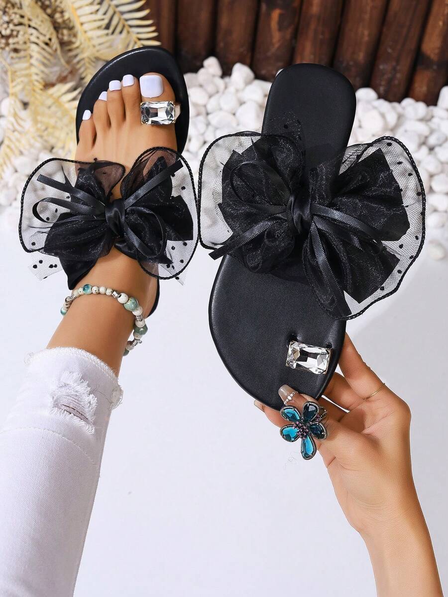 Pantuflas planas con lazo grande y hebilla enjoyada para el dedo gordo, ideal para San Valentín