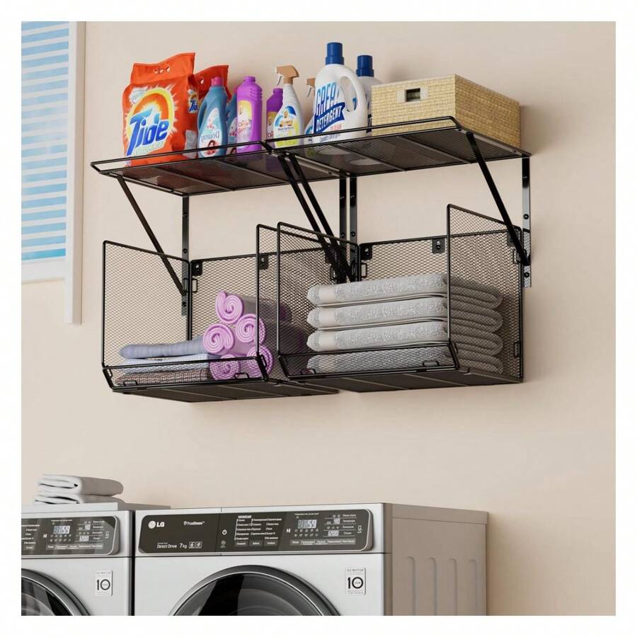 2 Pack Laundry Room Shelves Organization And Storage,Wall Mounted Clothes Drying Rack With Wire Mesh Basket Over Washer And Dryer,Large Capacity Floating Wall Shelf For Bathroom,Kitchen,Storeroom