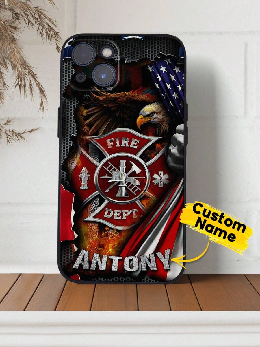 1pc Custom Name Firefighter Phone Case, Personalized Firefighter IPhone Case, Fireman Eagle Flag Phone Case, IPhone Series, Case Compatible With IPhone Pro/Pro Max/X/XR/XS/XS Mini/Max, TPU IPhone Case, Meaningful Gift For Firefighter, Suitable For Ideal For Valentine's Day, Birthdays, And Anniversaries