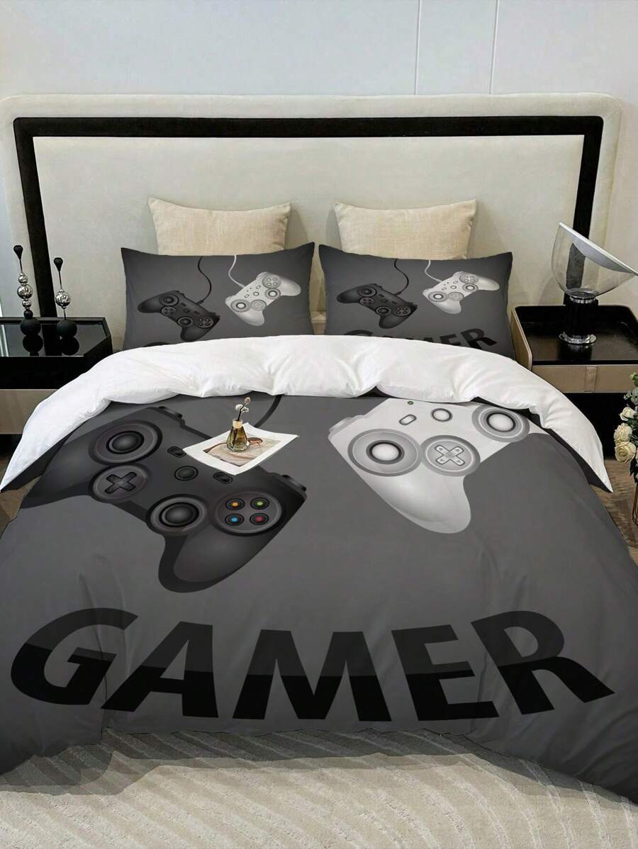 3pcs Modern Gamepad Print Polyester Comforter Cover Set(1Comforter Cover+2Pillowcase), Youth Video Game Controller Mouse Keyboard Headphone Gaming Equipment Pattern Bedding Set For Bedroom Dorm Room (No Quilt)