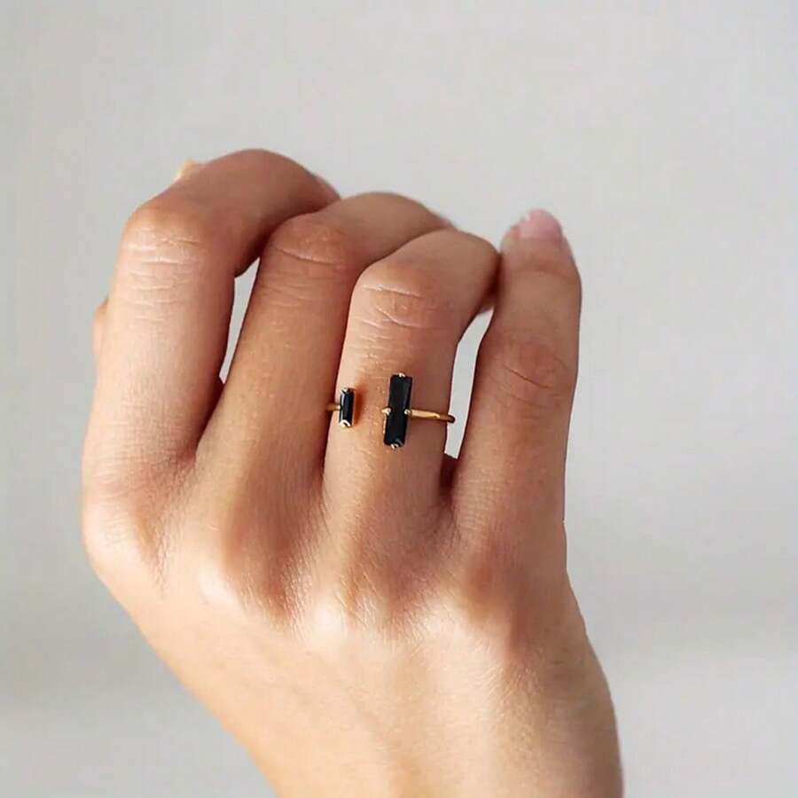 Anillo de obsidiana negra, Anillo abierto de doble barra de obsidiana, Anillo de Reiki de curación y fuerza, Anillo minimalista de estilo vintage delicado, Joyería dorada de fiesta diaria con declaraciones y regalos