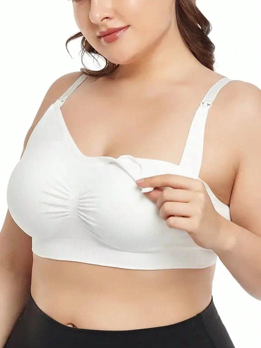 Sujetador de lactancia sin cables de doble capa sin costuras para mujeres con talla grande, con botones frontales abiertos y almohadillas transpirables y desmontables para la lactancia postparto.