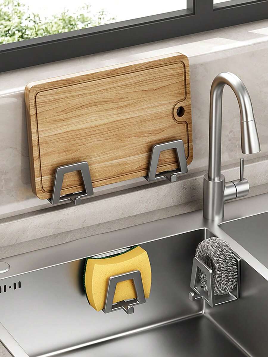 Estantería de almacenamiento de esponja de tubo de acero inoxidable sin perforación para cocina - Organizador de tapa de olla multifuncional con bola de alambre de acero y gancho de cepillo de olla - 1 pieza