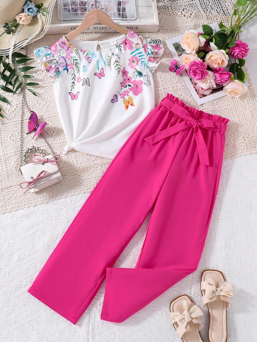 Ensemble de 2 pièces pour filles préadolescentes : T-shirt à manches courtes imprimé motif floral et shorts de sport