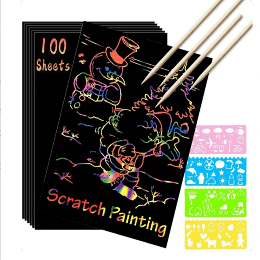 Un set di carte arcobaleno grattare, Blocco Note nero artigianale per graffiare, e modello di penna di scrittura in legno, ottimo per regali fai-da-te per bambini