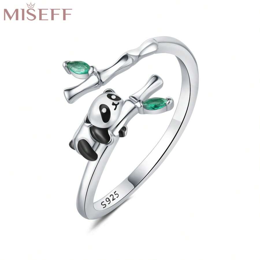 MISEFF MISEFF 1pc 925 Sterling Silver Animal Panda Hug Bamboo Open Ring Adjustable Open Ring Fashion Fine Jewelry Gifts Birthday Gifts For Girl Women