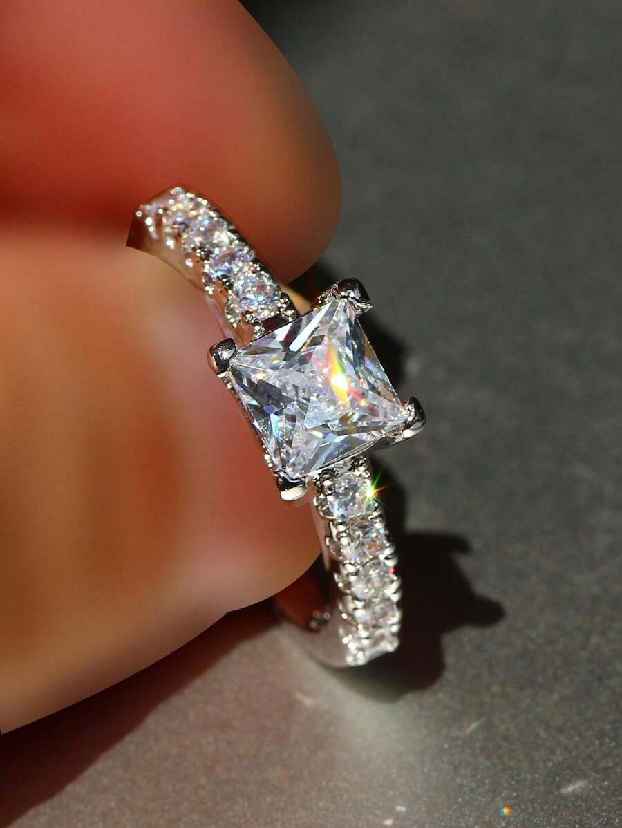 1pc Shiny Fashionable Square Cubic Zirconia Ring, Women's Wedding Engagement Promise Eternal Ring, Anniversary Ring, Birthstone Ring, Daily Ring
