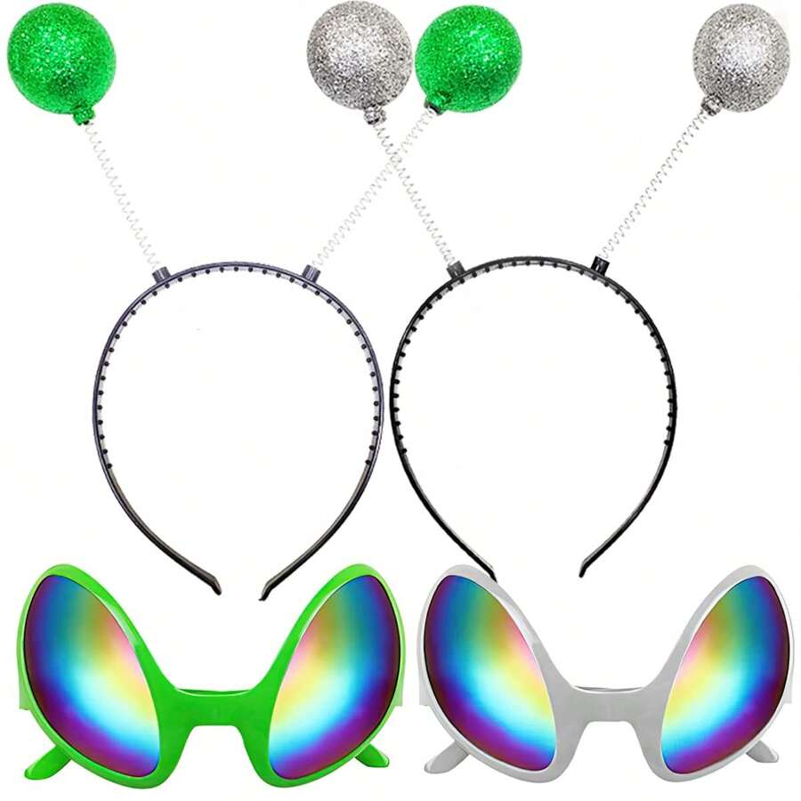 1 pieza Diadema con diseño de alien, gafas de sol de plástico verdes/plateadas con accesorios de brillo, diadema de disfraz de alien, gafas divertidas de bola de cabeza de alien de espuma, accesorios de fiesta para graduación