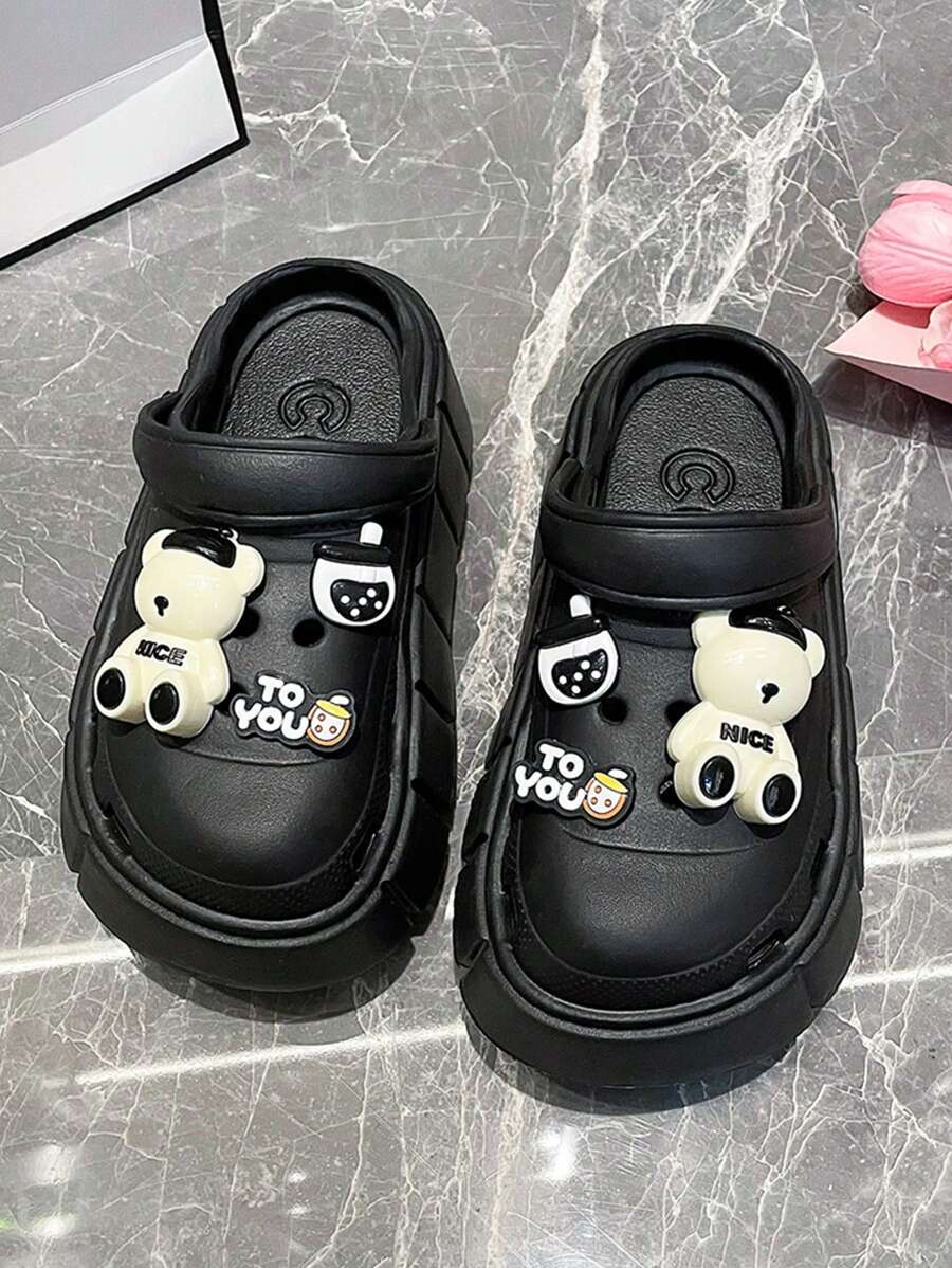 Women's Summer Closed Toe Design Structure Cartoon Print Elements Decorated EVA Thick Bottom Hollow Shoes, Slip-Resistant Increased Soft Bottom Platform Sandals