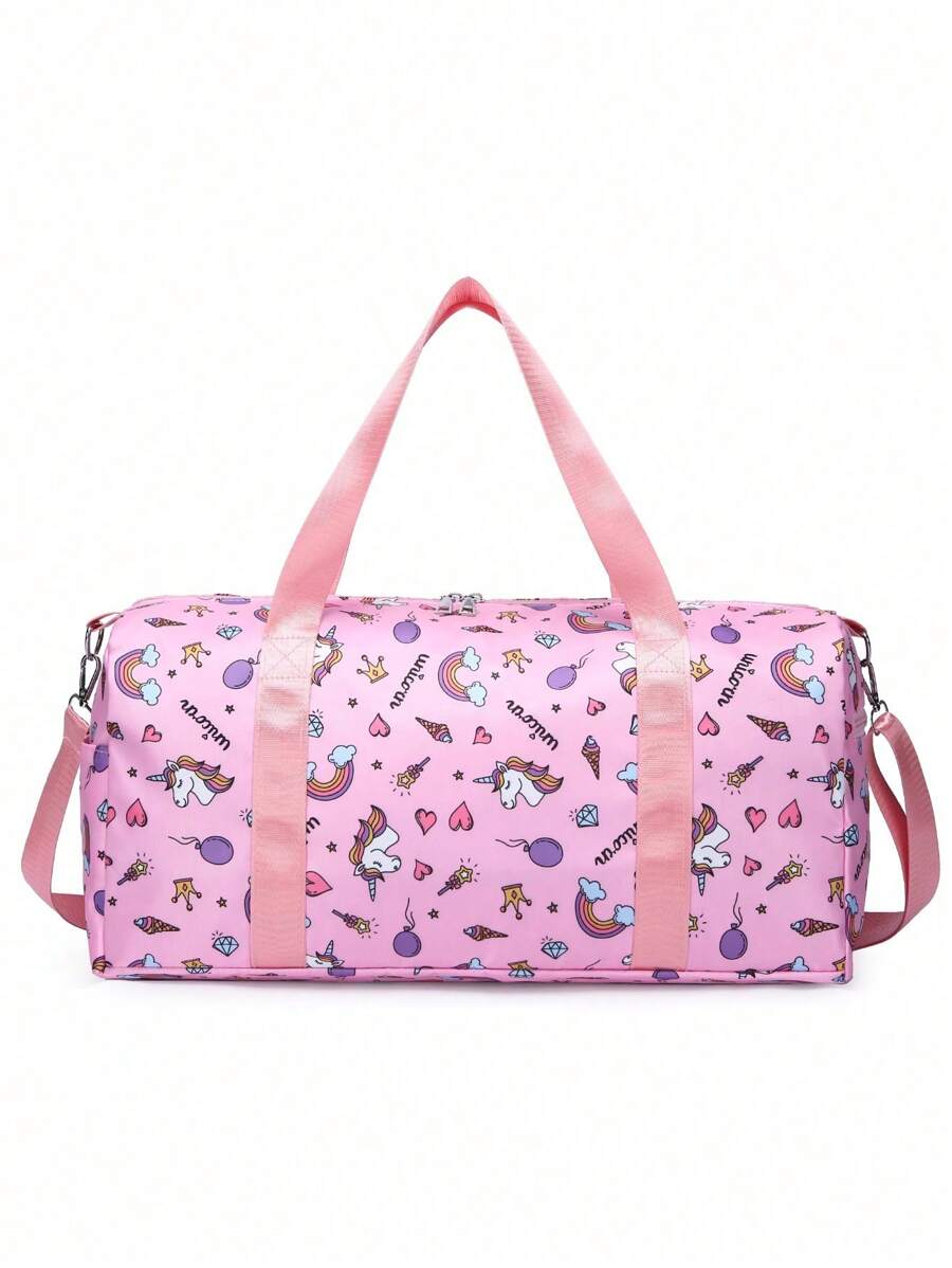 1 pieza Bolsa de viaje informal con diseño de unicornio con corona de corazón de dibujos animados, de gran capacidad para yoga/natación/gimnasio con separación de compartimientos secos y húmedos, adecuada para bolso deportivo y equipaje con ruedas
