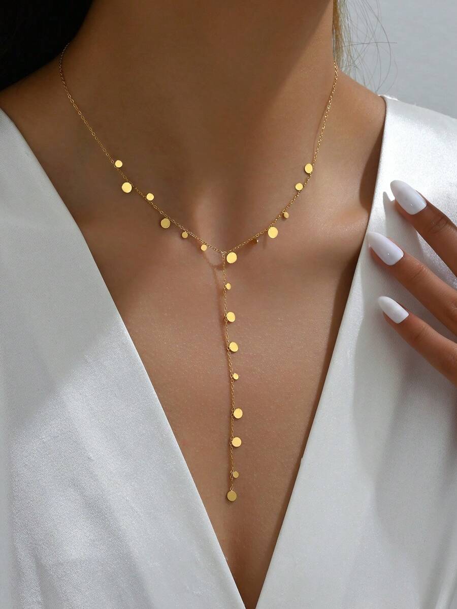 1 Stück 18K Vergoldete Y-Form Kette mit handgefertigtem kleinem runden Anhänger aus Edelstahl, Frauen Halskette