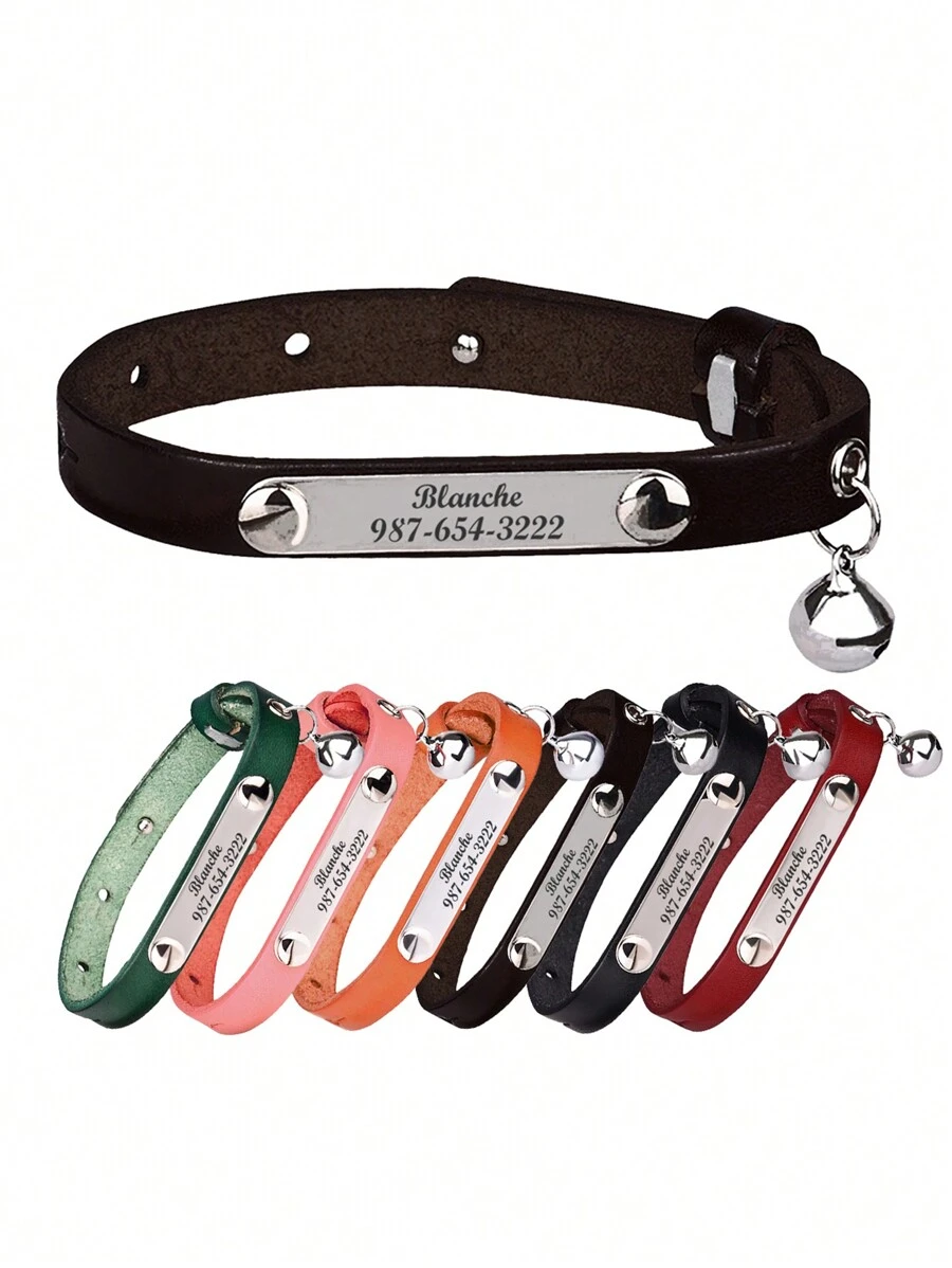 1pc Personalized Customized Durable Dark Brown Leather Cat Bell Collar, Can Engrave Cat Name, Contact Information, Address And Other Details, Engraved Anti-Lost Pet Collar, Suitable For Cats To Use