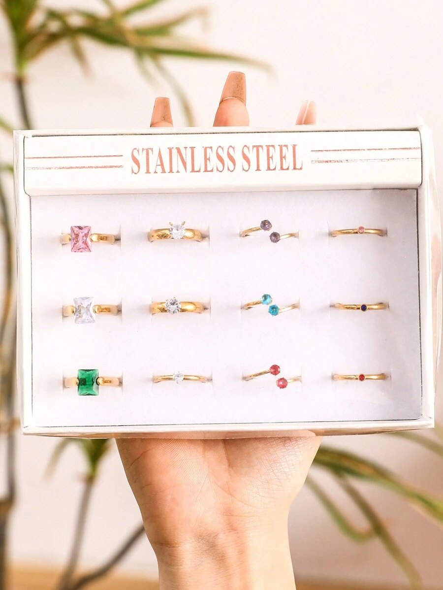 1 caja de juego de anillos de señora con diamantes de color incrustados en acero inoxidable dorado amarillo, adecuado para decoración diaria o como regalo para damas