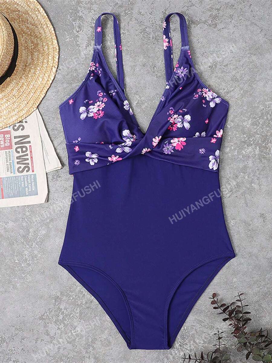 Costume da bagno intero da donna sexy, con scollo a V e spalline regolabili, in stile patchwork di moda per l'estate