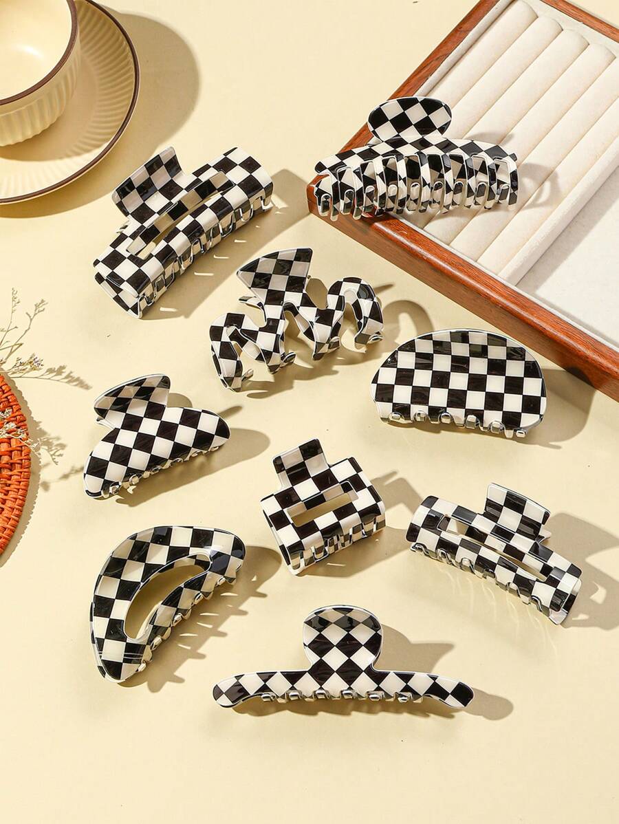 Glossy Checkered Claw Clips: Add A Stylish Touch To Your Hair With These Rectangle-Shaped Hair Clips!Valentine's Day Couples As A Gift Hair Accessories Hair Jaw Clip Hair Clamps Hair Clutch Hair Catcher Clip