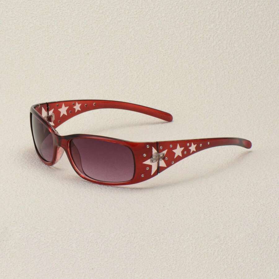 Gafas de moda borgoña para mujer con estampado de estrellas y decoración de rhinestone, accesorio de estilo versátil Y2K para uso diario y fiesta, accesorios de playa, Y2, accesorios musicales para vacaciones de verano en la playa y al aire libre, estilo de preparación de viaje para volver a la escuela