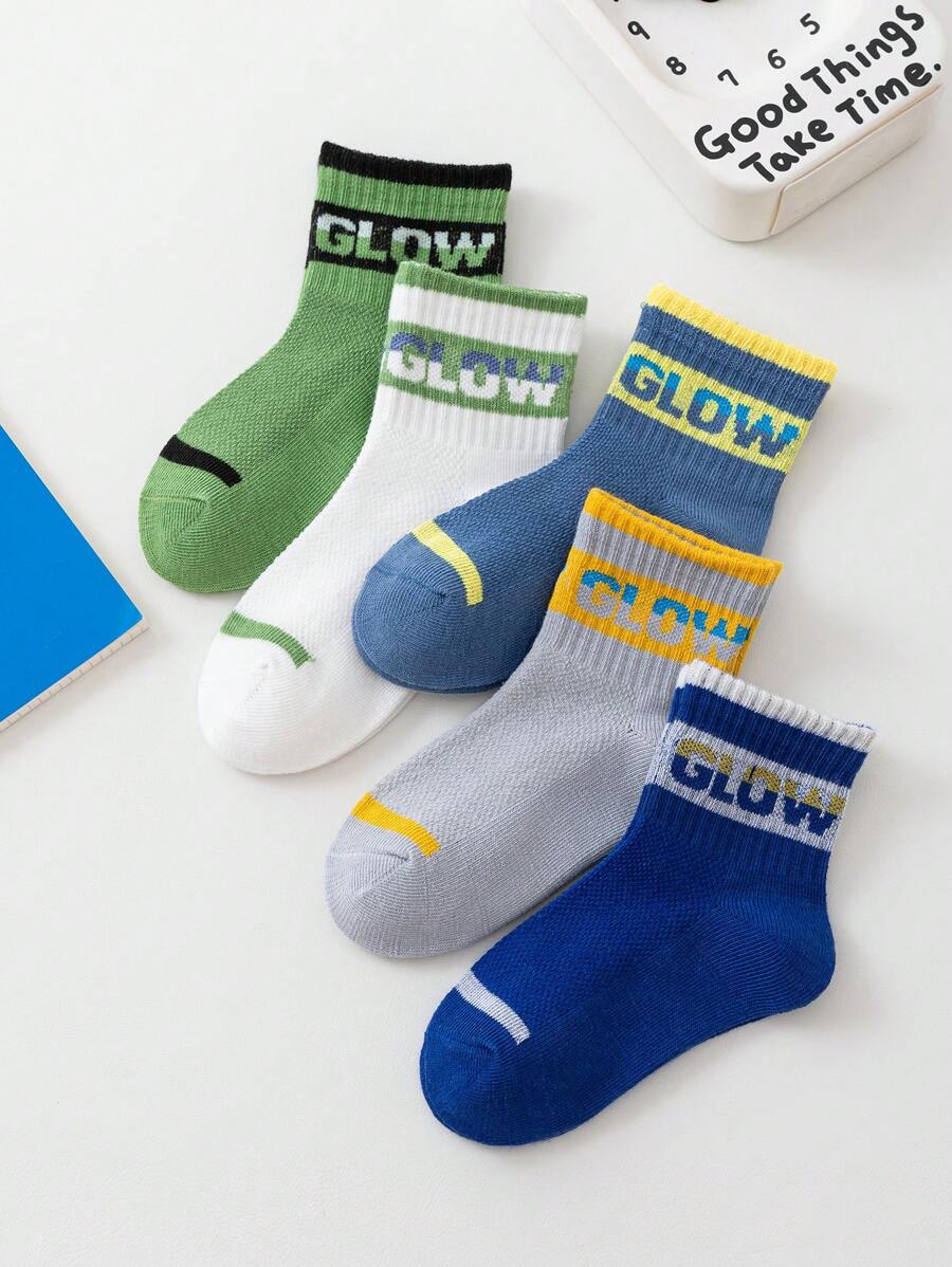 5 Pairs Boys' Breathable Mesh Thin Socks, High Elasticity Ankle Grip, Fashion Striped & Letter Print, Suitable For Sports Shoes, Spring/Summer