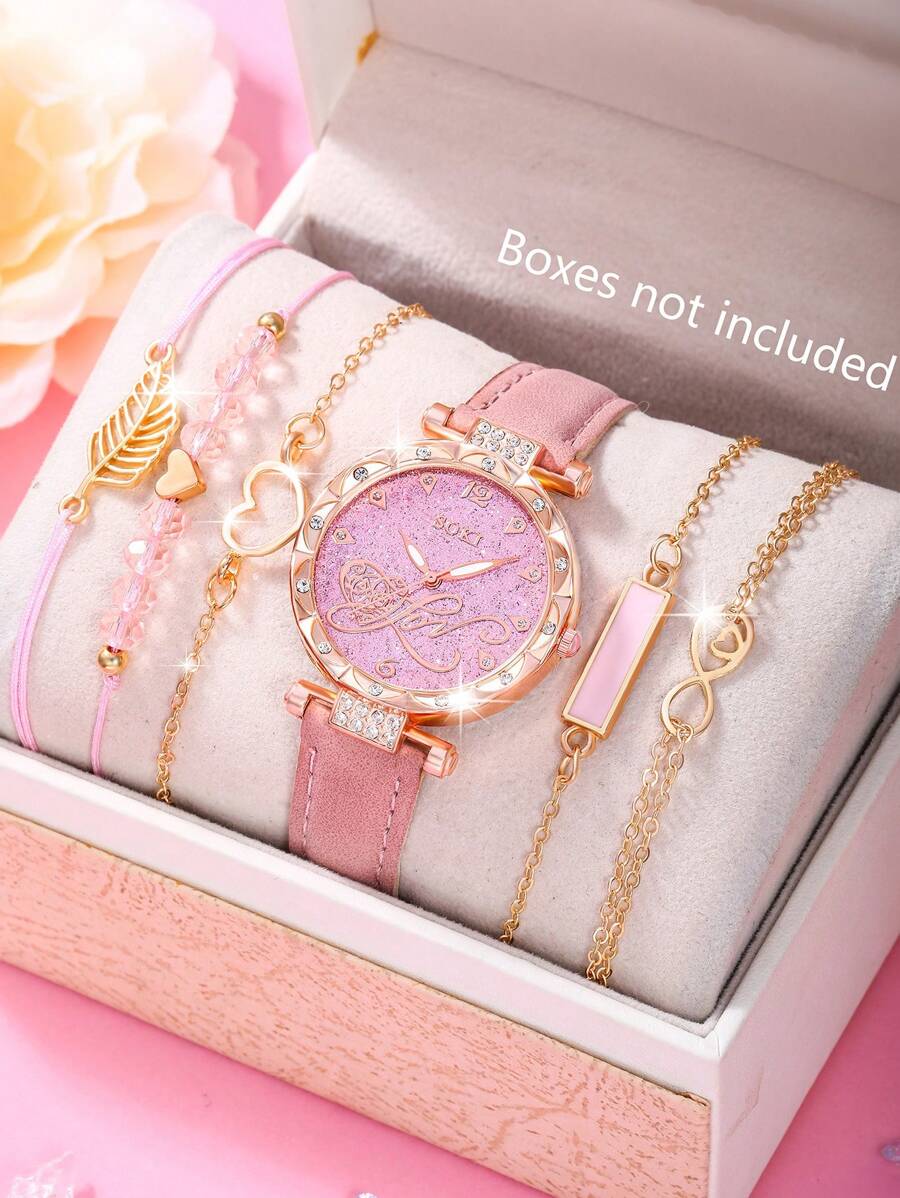 6Pcs/Set Women's Watch Fashion Casual Elegant Simple Round Quartz Wristwatch And Woven String, Bracelet Jewelry Set Suitable For Daily Wear, Back-To-School Season, Graduation Season, Thanksgiving, Couples, The Best Gifts Watch Box Not Included