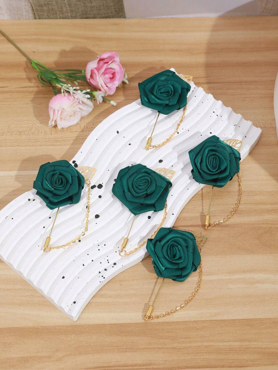 5pcs Korean-Style Chest Flower Brooches For Bridesmaids And Groomsmen, Gold Leaves And Dark Green Roses Chain Design Halloween Valentine's Day Valentines