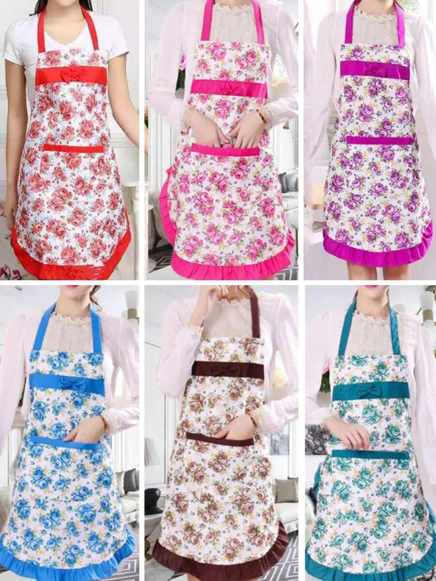 1 pezzo Grembiule in tessuto sottile con stampa floreale di rose e bordo in pizzo, elegante grembiule da cucina per vita da donne