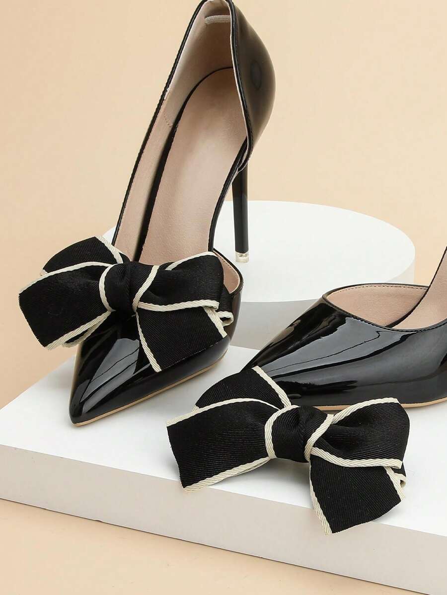 2pcs Collegiate Fabric Bow Shoe Clips, Cute Sweet Korean/European Retro Style, Colorblock Charm Shoe Accessories