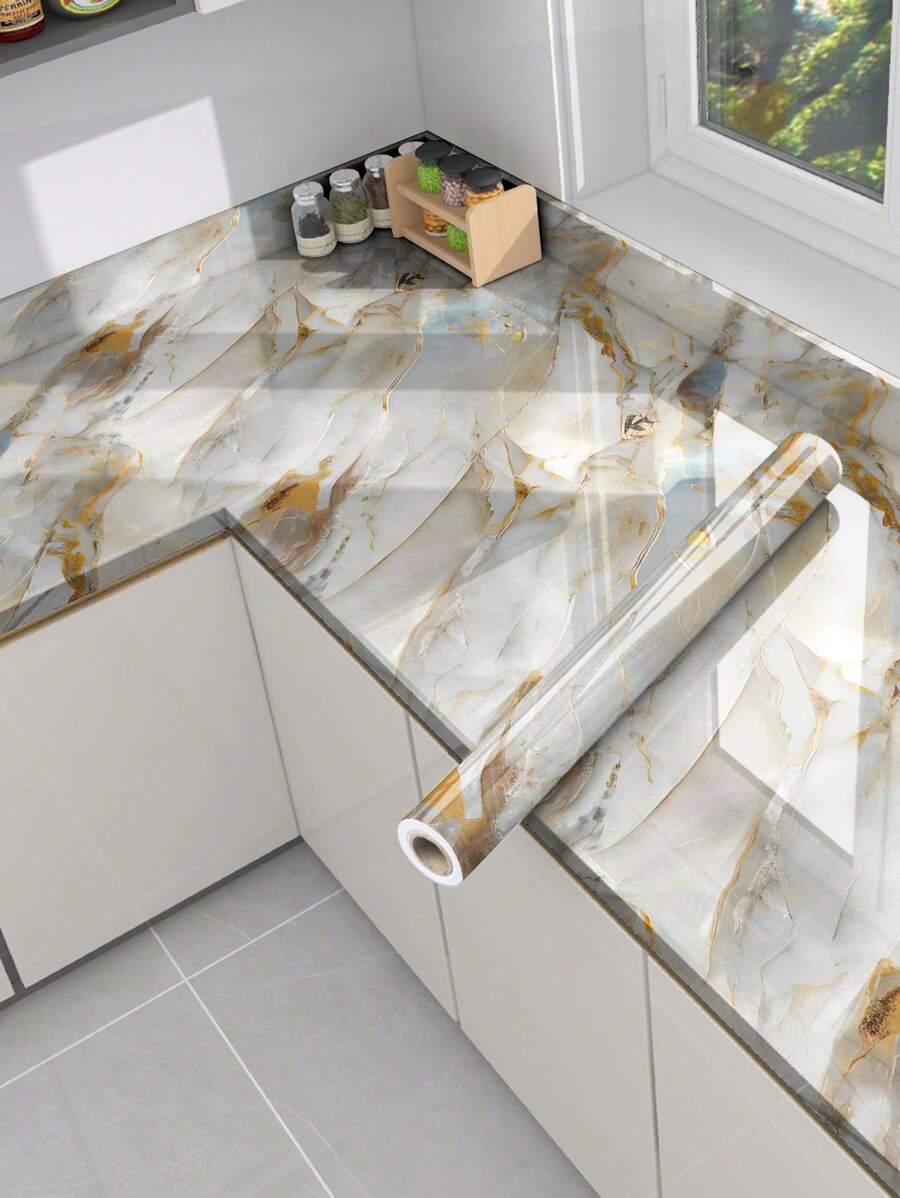 1PC New White Gold Marbling Kitchen Oil-Proof Sticker Waterproof Self-Adhesive High Temperature Resistant Cabinet Countertop Film Stove Renovation Marble Wallpaper,Stickers,Wall Decal,Vinly Decal For Home Decorations,Spring Decoration Items Refesh Your Home,Rama Decoration Stickers Gifts Birthday Graduation