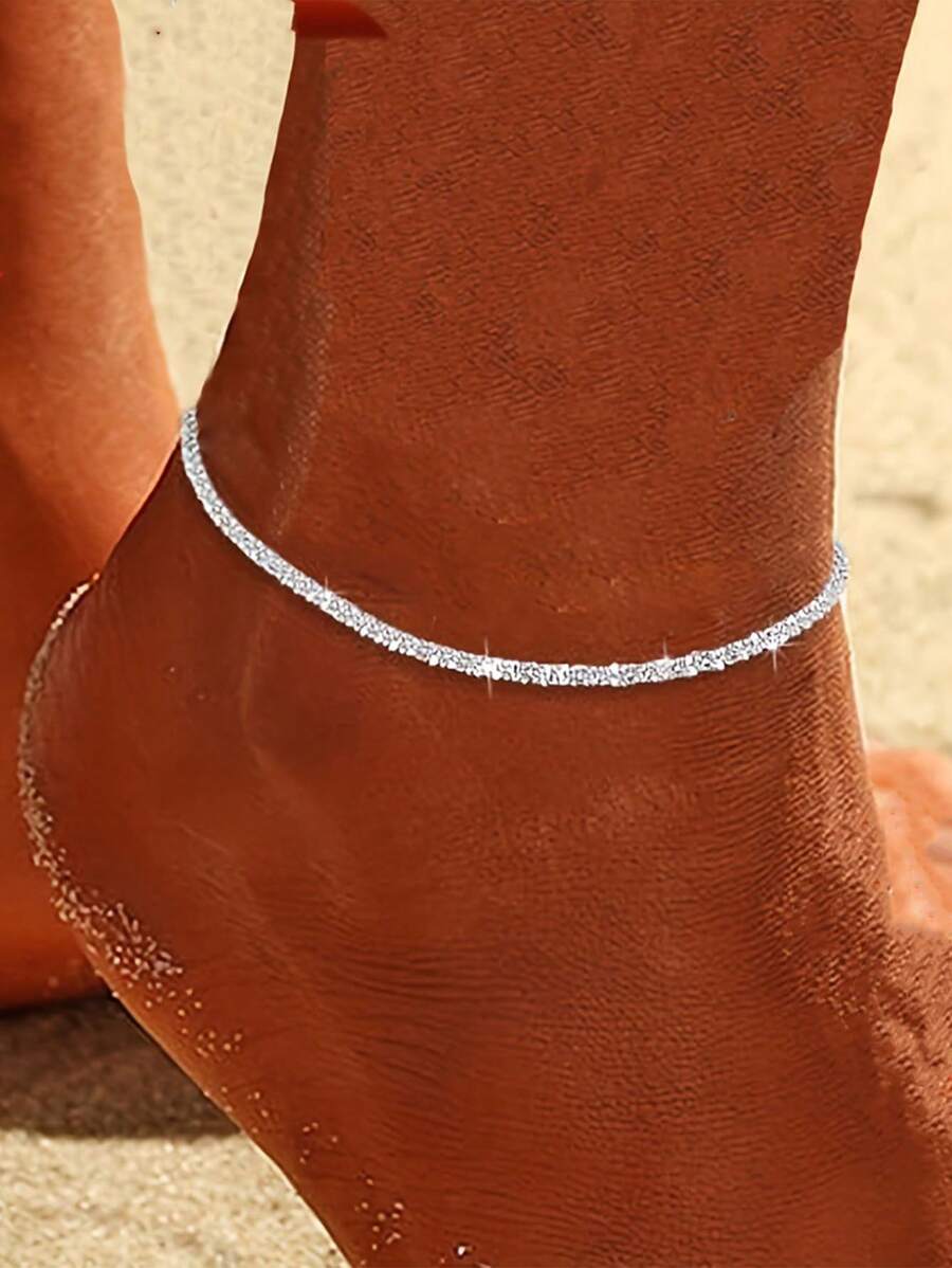 1 pieza de tobillera de cadena plateada brillante de simple, joyería de viaje y vacaciones para mujeres, adecuada para que las parejas usen