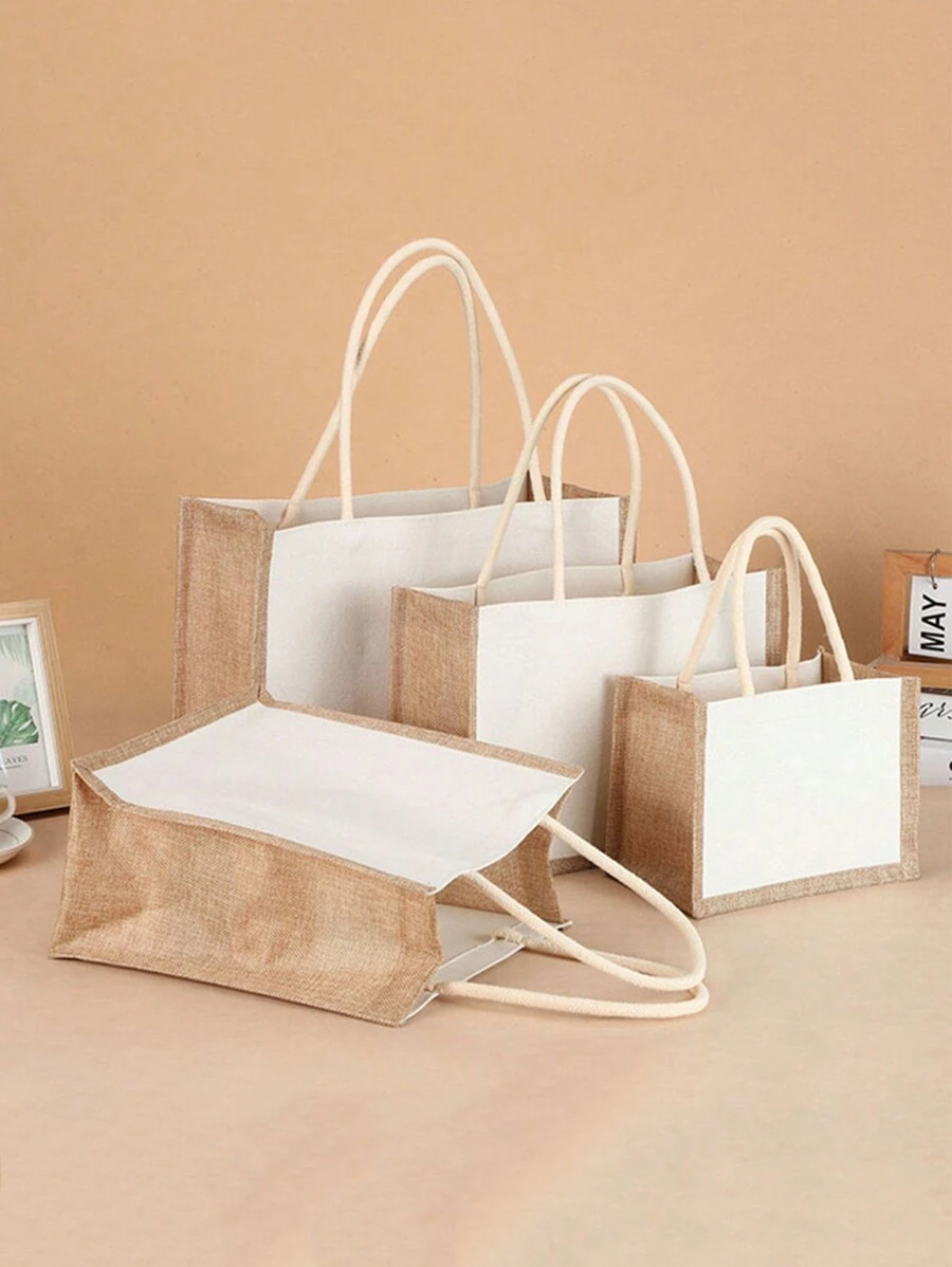 1pc Canvas+Jute Handbag Burlap Tote Bag Reusable Daily Use Travel Beach Storage Organizer Shopper Bag DIY Montage Jute Bag Suitable For Wedding, Party Festival And Painting, Christmas