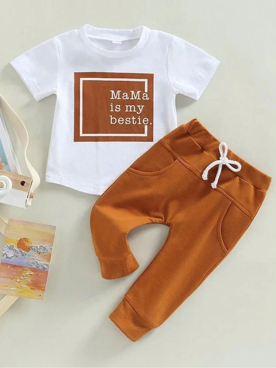 Baby Boy Letter Print Short Sleeve Top And Plain Sports Pants Set
