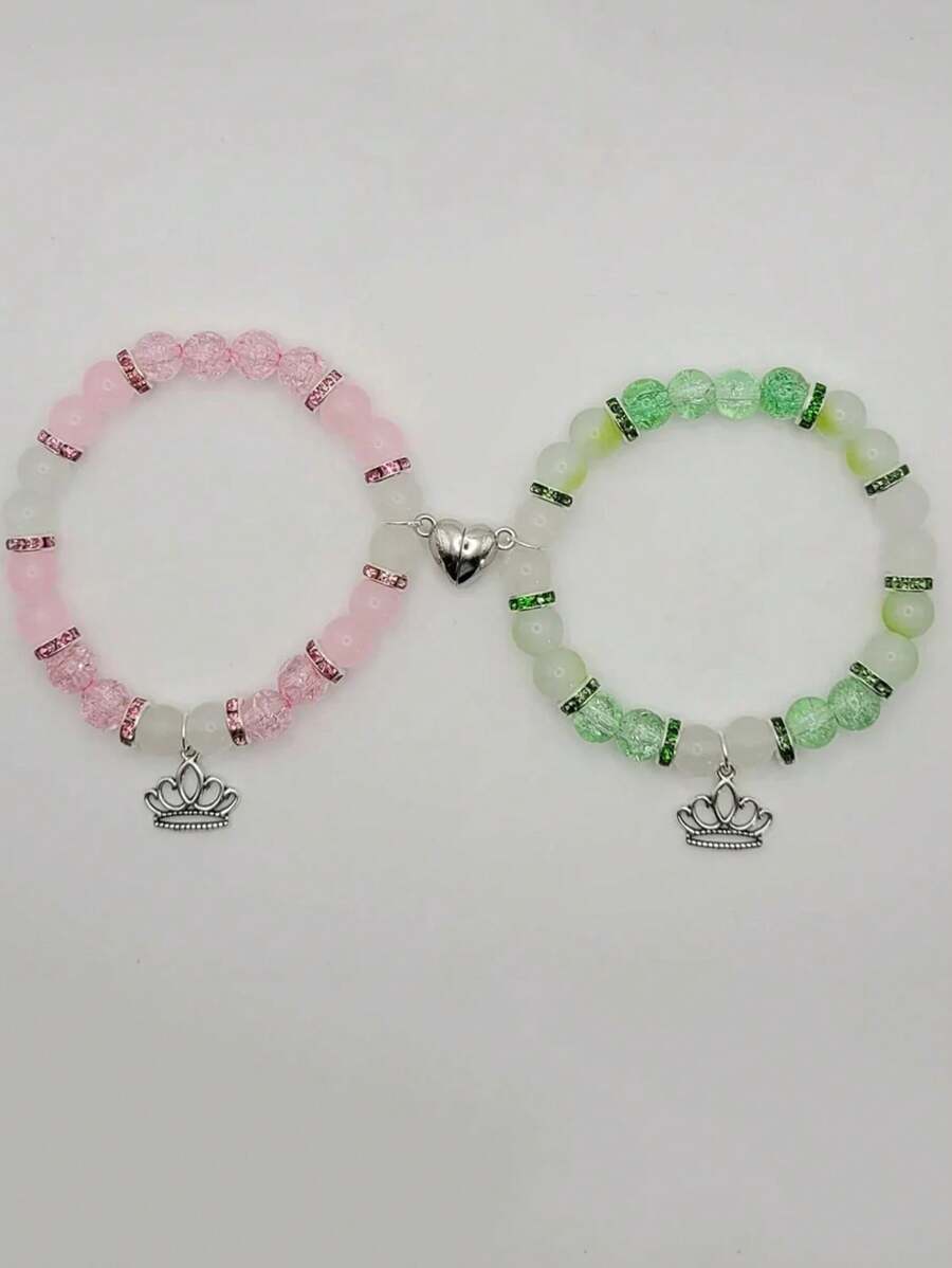 2Pcs Fashionable Bead Bracelets With Lotus &Crown Pendant ,Best Friend Bff Matching Bracelets For Couples Women Men