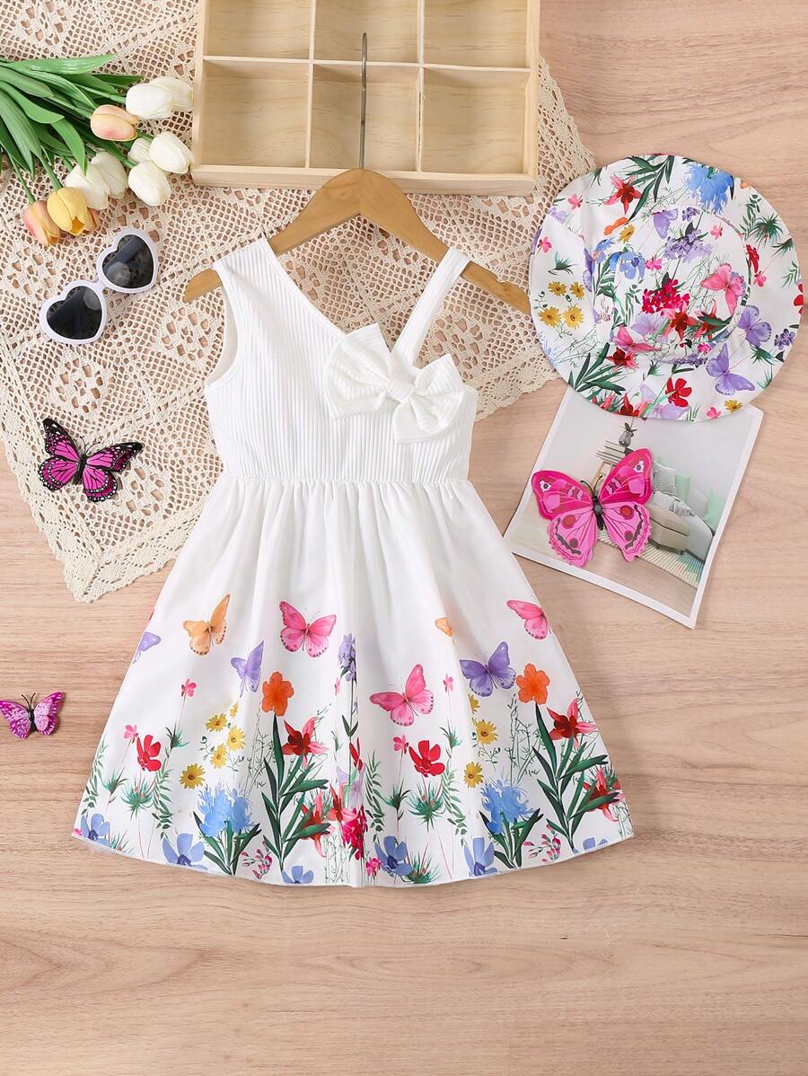 Robe d'été à imprimé papillon sans bretelles rose avec grand nœud + chapeau