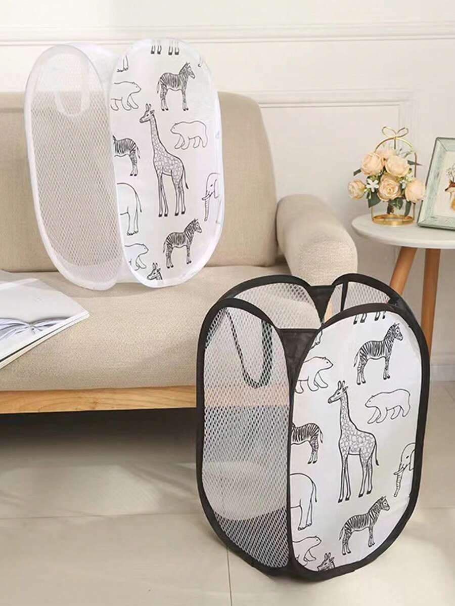 1pc Branco Malha Respirável Cesto de Armazenamento Cesto de Roupas, Girafa Bonito Padrão Animal Bolsa de Armazenamento Dobrável para Roupas de Bebê Brinquedos, Pop Up Cesto de Roupas Amor Dia dos Namorados