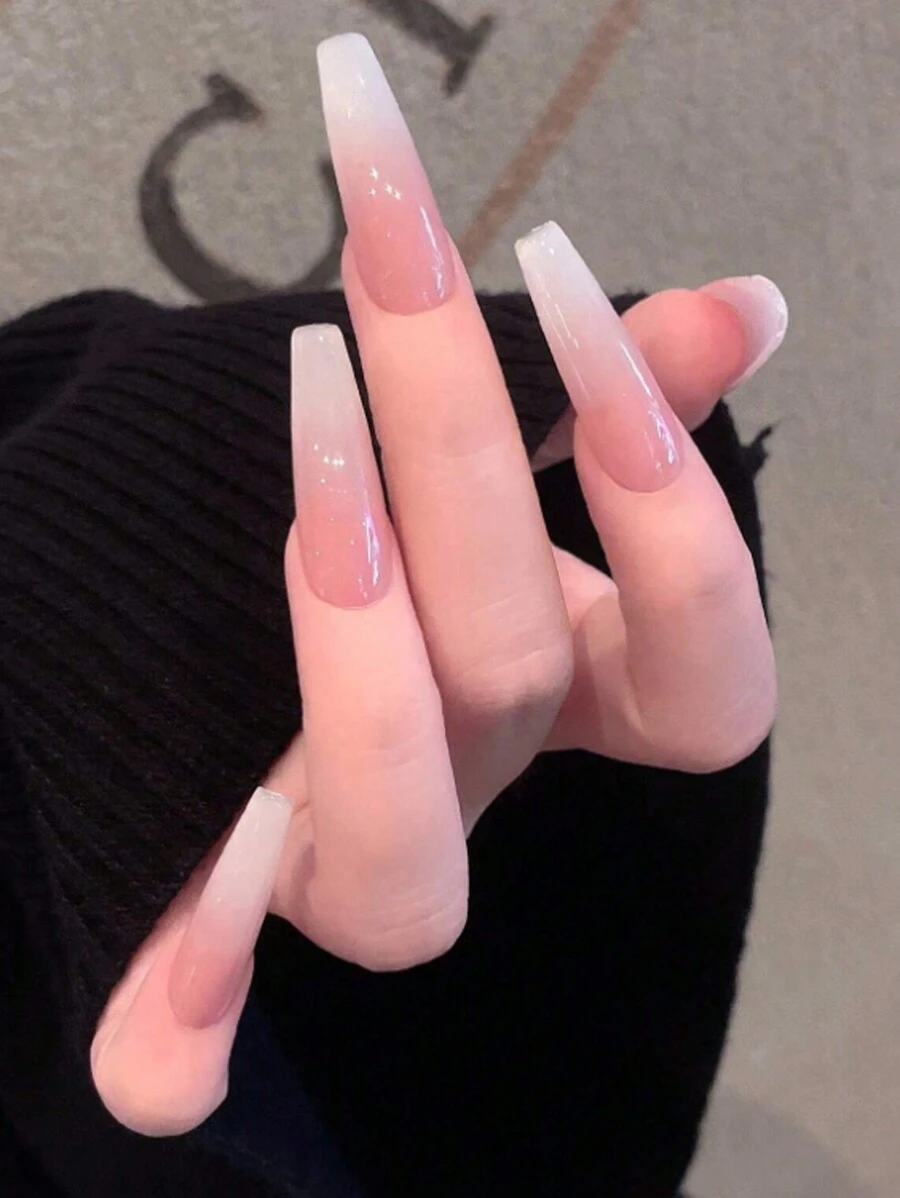 24pcs Simple White Color Gradient Tie Dye Ballet Wear Nail Art Stickers + Jelly Gel + Nail File Press On Nails Supplies
