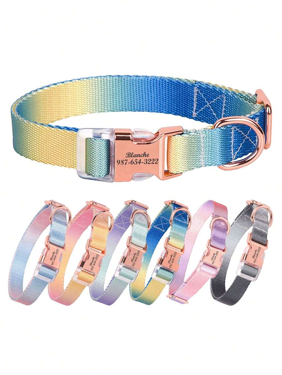 1 Personalized Yellow-Blue Gradient Colorful Pet Collar, Made Of Nylon, Can Be Customized With Pet Name, Contact Information, Address And Other Details, Engraved With Letters To Prevent Pets From Being Lost, Suitable For Large, Medium And Small Dogs