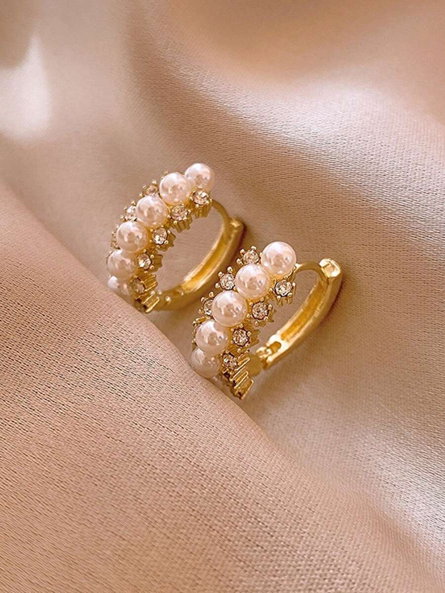 topshiny 1 paire de boucles d'oreilles créoles avec strass et perles, boucles d'oreilles de style vintage français, et haut de gamme, convenant pour un port quotidien