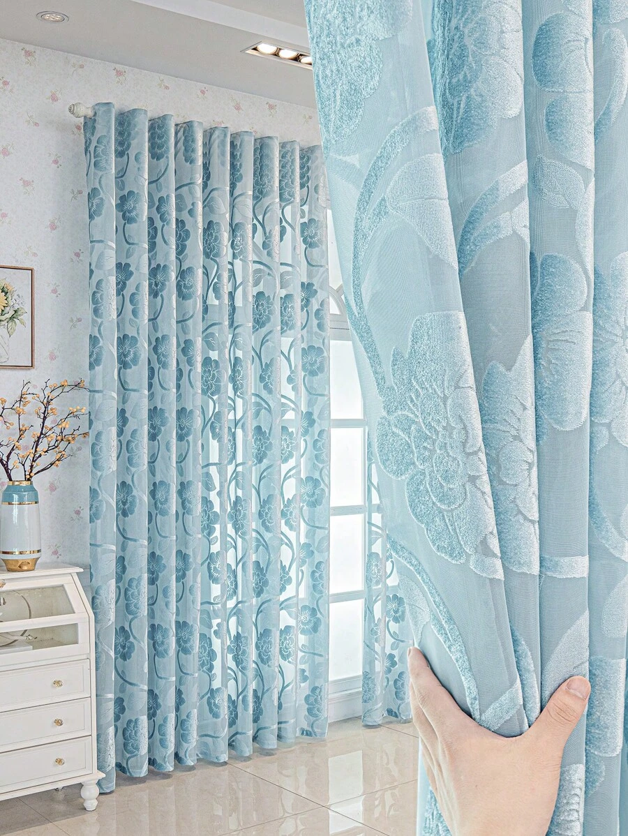 1 Stück Beige Plüsch Lotus Blumenmuster Zimmer Dekoration Vorhang, flockiger handgefertigter Polyester halbtransparentes Fenstervorhang für Schlafzimmer Wohnzimmer Dekoration