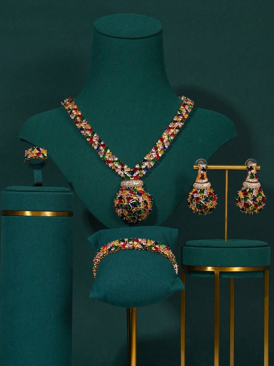 Saudi Arabian Middle East Dubai Luxury Bridal Jewelry Set, 4pcs Zirconia Necklace And Earrings, Wedding & Party Accessories