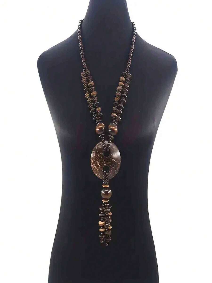 1 Stück Retro Boho Kokosnussschale Perlen Halskette. Modischer europäischer und amerikanischer Holzperlen Kokosnussschale handgemachter Cut Out Herz Langanhänger Halskette. Hip-Hop Punk Kaffeefarben ovale Kokosnussschale Anhänger Dekoration Kette, geeignet als Geschenk für Männer und Frauen, Paare