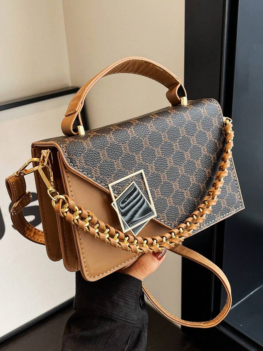 Fashionable Vintage Floral Chain Shoulder Bag For Middle-Aged Women With Colorblock Metallic Decoration, PU Material, Hand-Held/ Crossbody/ Buckle Closure, Versatile For Women Daily Commute