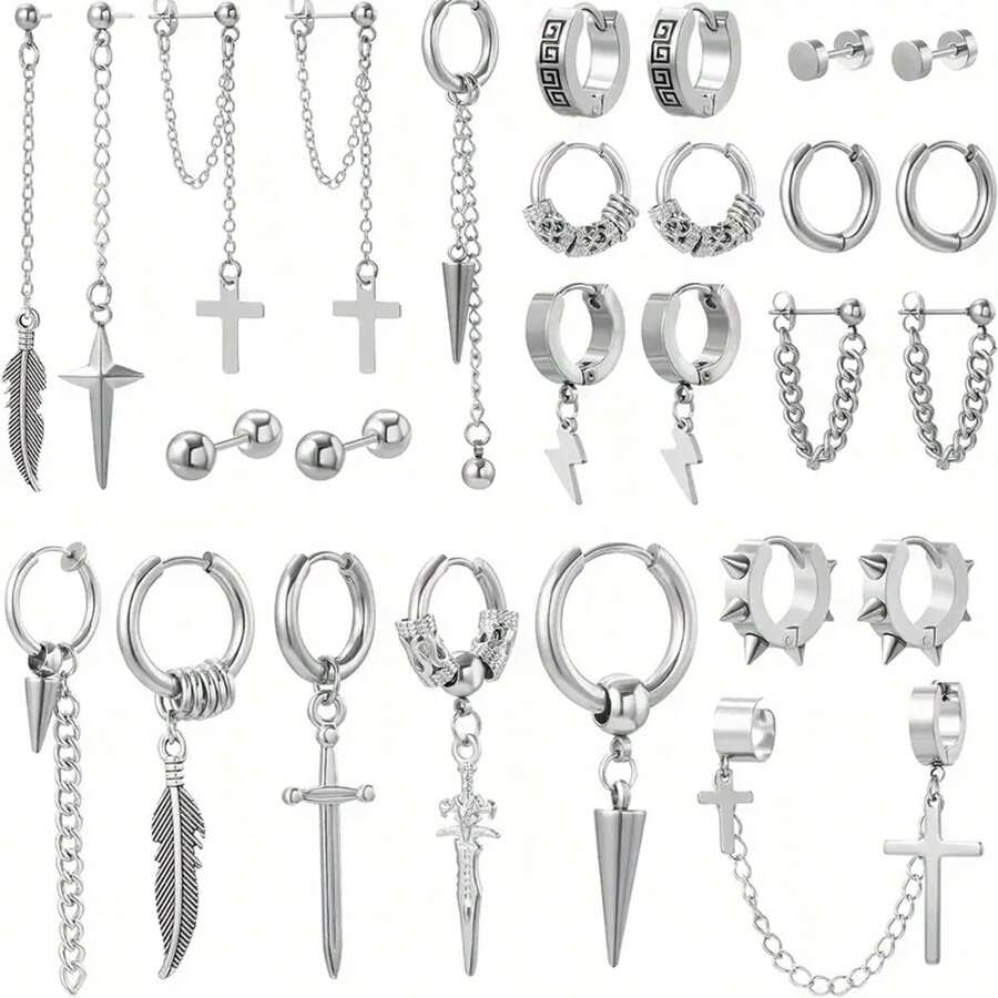 Hip-Hop Stainless Steel Earring Set - Unisex 27 Pieces Set, Includes Hoops, Studs And Pendants, Suitable For Men, Women, And Couples