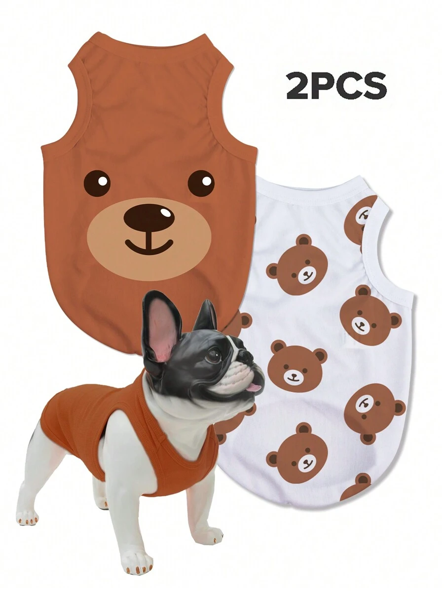 2pcs/Set Little Bear Printed Polyester Flea And Shedding Reduction Insulated Breathable Vest Suitable For Indoor And Outdoor Cats And Dogs