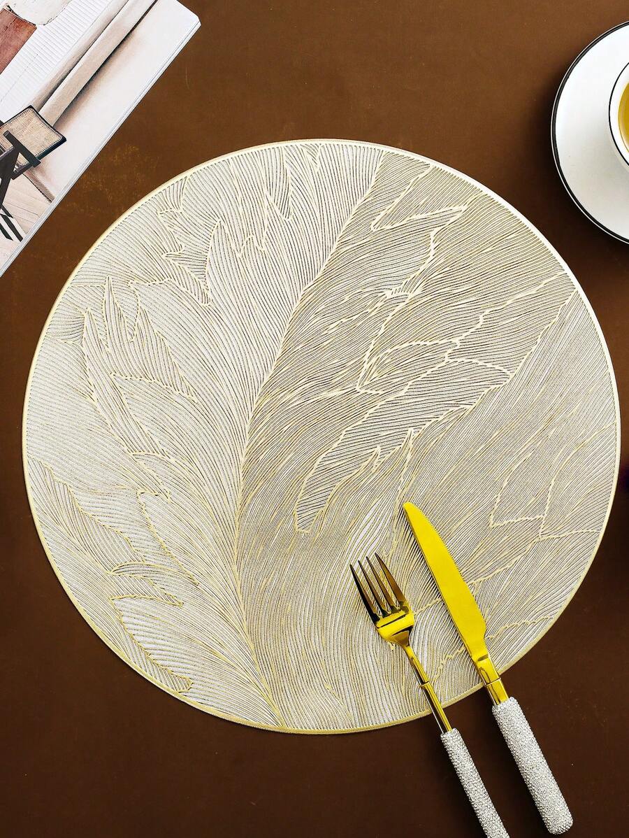 2-6 stuks goud ronde 15 inch veren waterdichte placemats, wasbaar, gemakkelijk schoon te maken, afveegbaar, antislip, hittebestendig, voor vakantie bruiloft feest festival tafeldecoratie