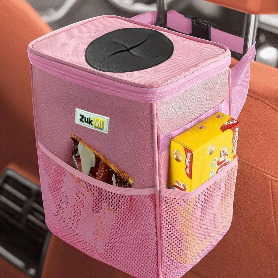 ZukMi Car Trash Can With Lid And Storage Pockets - 100% Leak-Proof Organizer, Waterproof Garbage Can, Multipurpose Trash Bin For Car, 2 Gallons, Pink