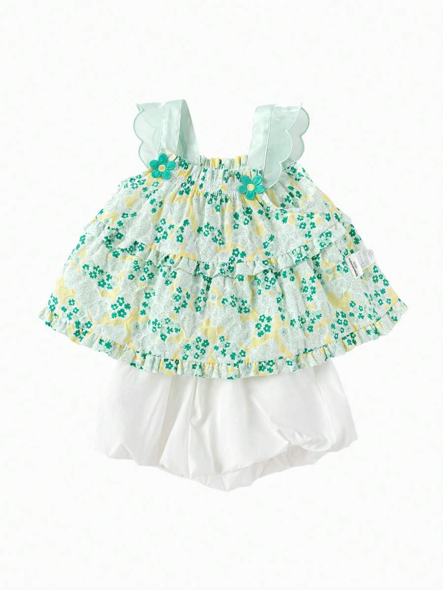 Balabala Kids' Set Girls' Short Sleeve Summer 2024 New Small Floral Suspenders Cute Lantern Pants