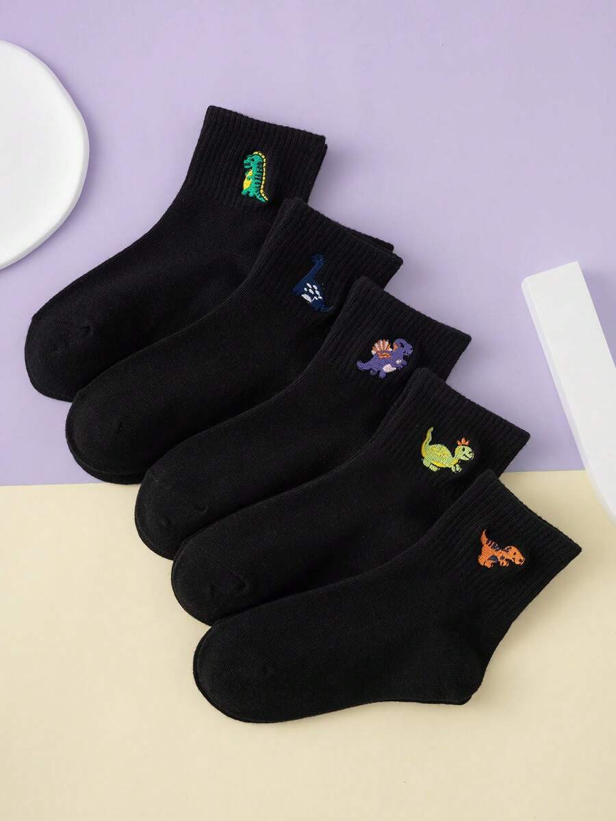 5 Pairs Of Interesting And Unique Cartoon Embroidered Dinosaur Pattern Basic Daily Fashion Versatile Mid-Calf Socks For Children