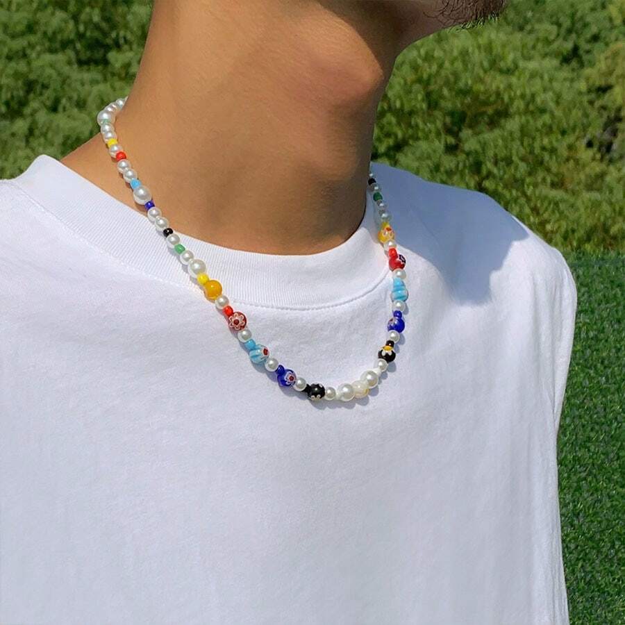1 pièce Accessoire de mode masculine personnalisé et élégant, collier de perles de fantaisie de petites fleurs colorées pour la fête des pères et la rentrée scolaire