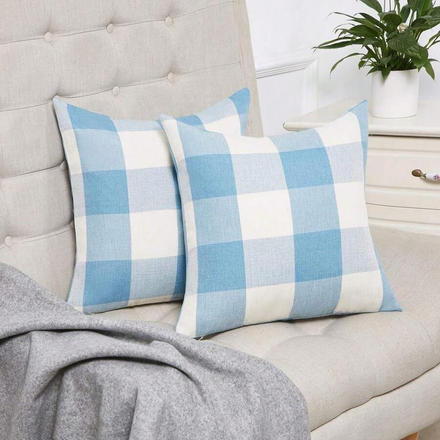 2pcs Modern Style Linen Blend Square Cushion Cover With Large Plaid And Woven Flower Pattern, Suitable For Living Room Sofa Bedroom Dining Room Home Decor