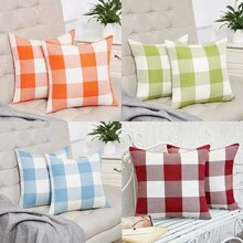 2pcs Modern Style Linen Blend Square Cushion Cover With Large Plaid And Woven Flower Pattern, Suitable For Living Room Sofa Bedroom Dining Room Home Decor