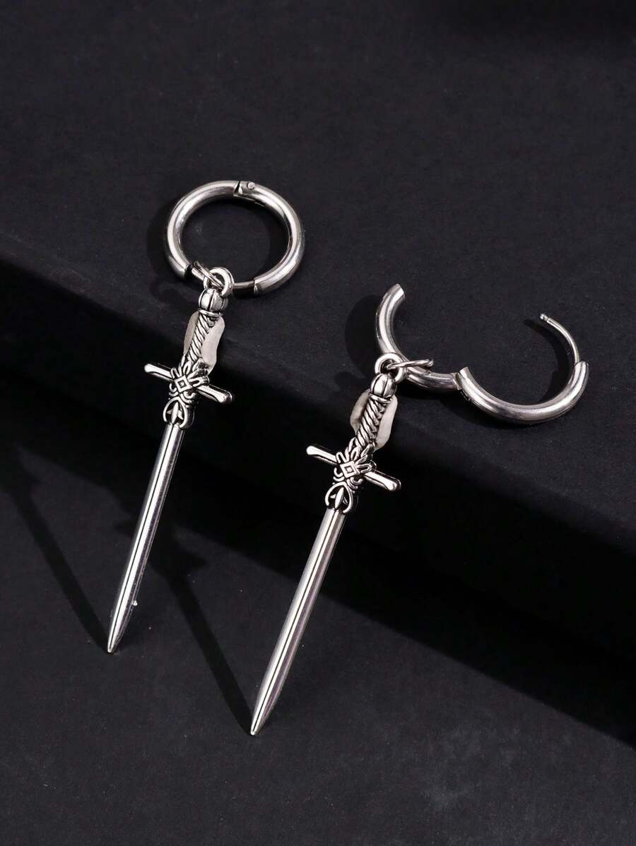 1Pair Gothic Vintage Sword Alloy Earrings For Women Man Fashion Cool Punk Rock Party Jewelry Accessories Gift Fantasy Cross Dagger Ear Hooks