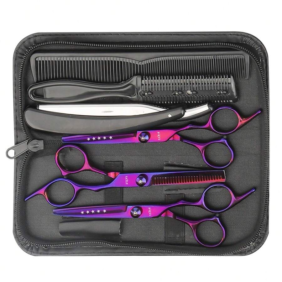 KIM JONG YI 7pcs Hair Cutting Scissors Set With Hair Cutting Scissors, Thinning Scissors, Salon Haircutting Scissors, Shaving Razor, Hair Salon Professional Hairdressing Accessories, Hair Tools, Hair Products And Accessories For Barber Salon Beauty Travel Essentials
